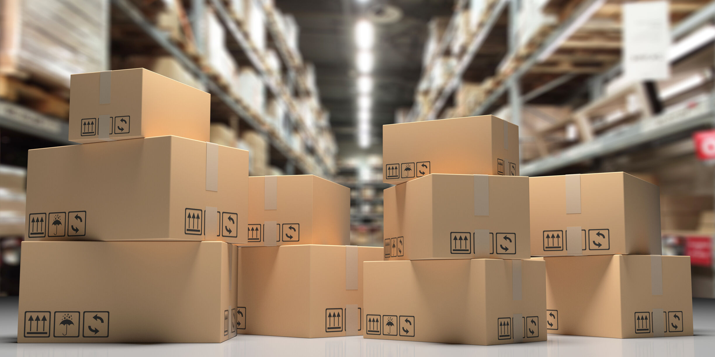 Cardboard boxes on blur storage warehouse shelves background, Distribution, cargo and logistics concept. 3d illustration